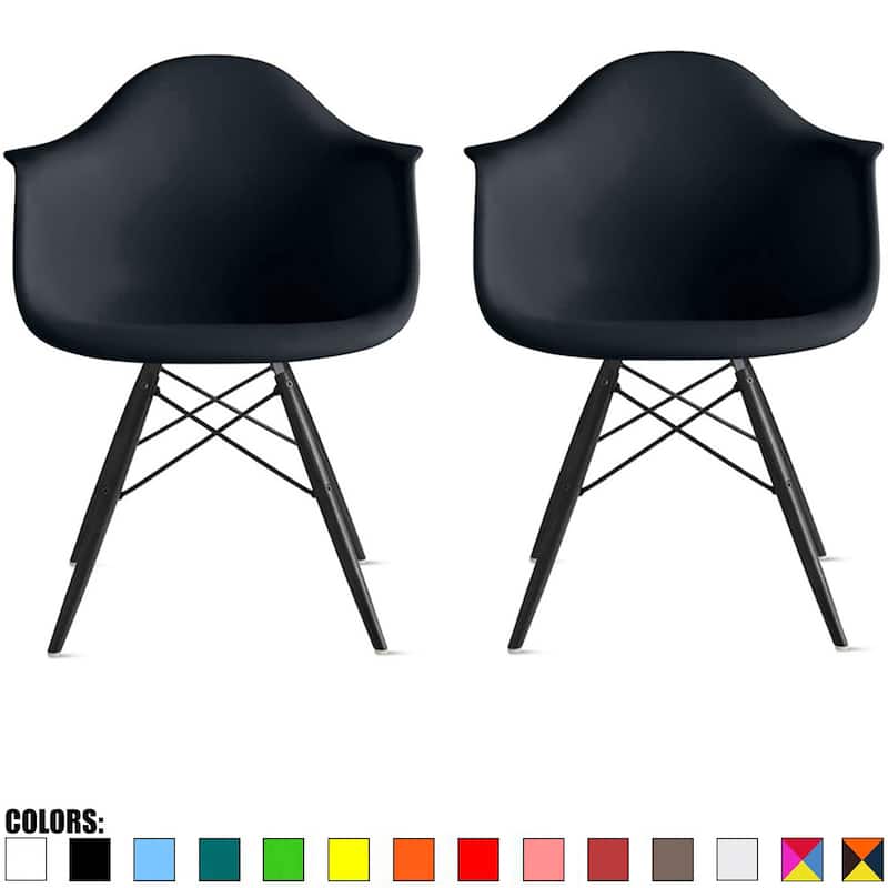 Set of 2 Color Modern Arm Chairs For Dining Room Kitchen Solid Molded Plastic Seat Dark Black Wood Eiffel Legs