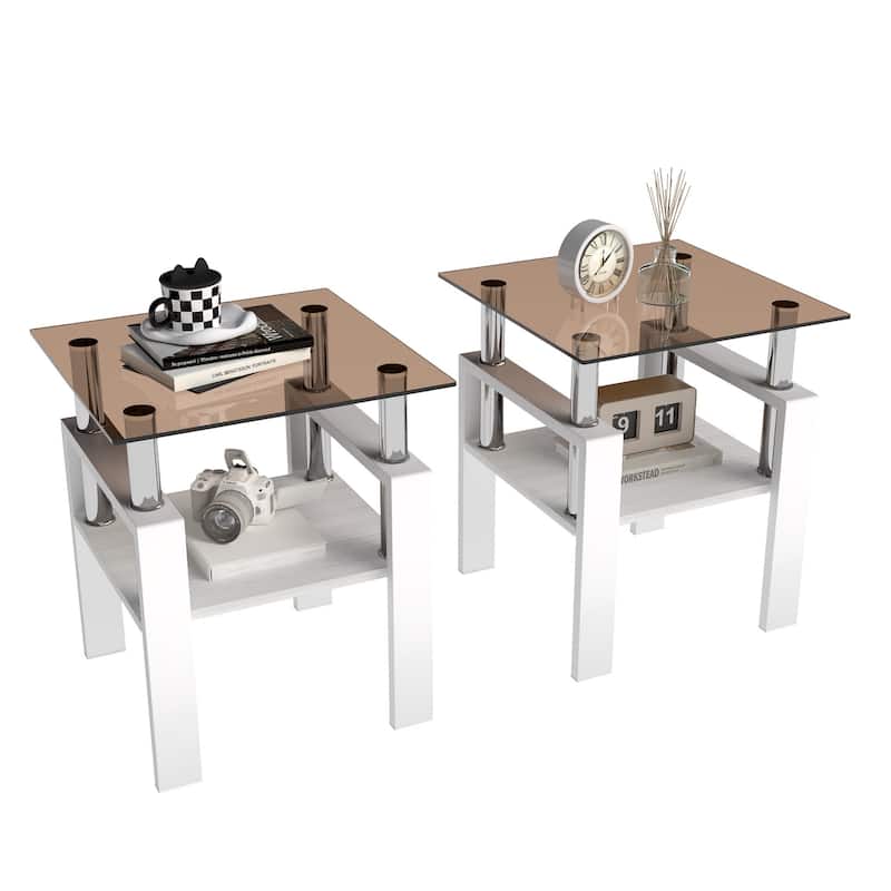 Set of 2 Modern Tempered Glass Tea Table ,Tempered Glass Tabletop with MDF Layer,Coffee Table