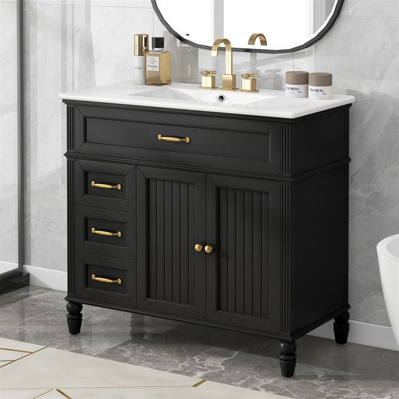 36" Bathroom Vanity with Ceramic Sink Top, Freestanding Bathroom Vanity Cabinet with 2 Doors and 2 Storage Drawers