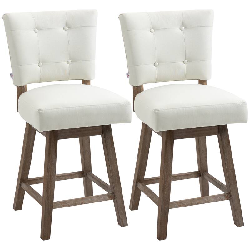 HOMCOM Swivel Bar Stools Set of 2, Fabric Tufted Counter Height Bar Stools with Rubber Wood Legs and Footrest for Dining Room