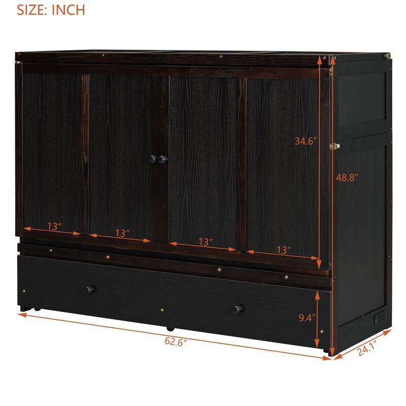 Queen Size Murphy Bed with USB Port and Large Drawer, Space-Saving Design, No Box Spring Needed, Espresso Finish