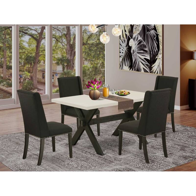 HomeStock 5-Piece Rectangle Natural Oak Finish Solid Wood Top Dining Table with 4 Upholstered Chairs with Lattice Back