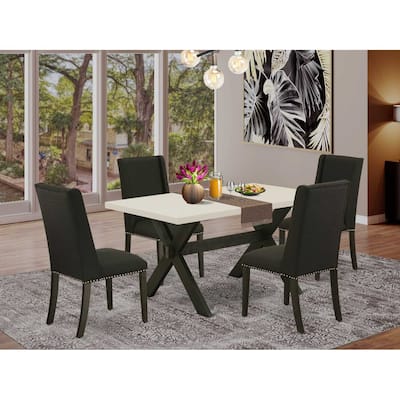 HomeStock 5-Piece Rectangle Natural Oak Finish Solid Wood Top Dining Table with 4 Upholstered Chairs with Lattice Back