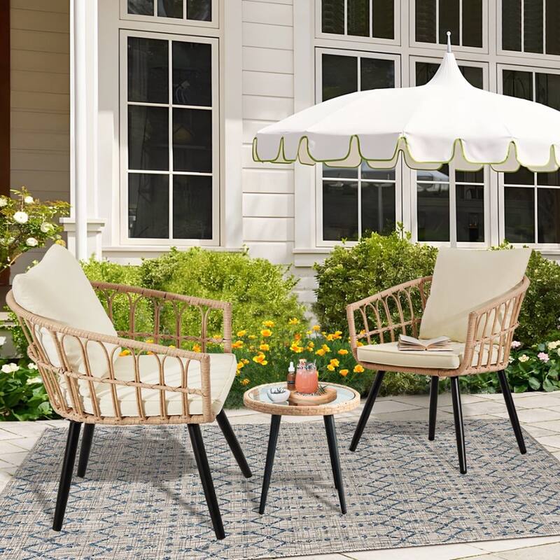 3-PC Outdoor Wicker Conversation Set w/ 2 Cushions, Glass Coffee Table - Beige