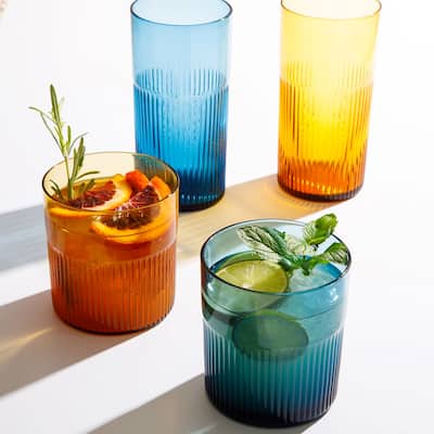 Bloomhouse Lyon Sky 8 Piece Hand Made 16 OZ Colored Glass Couble Old Fashioned Set W/ Coasters
