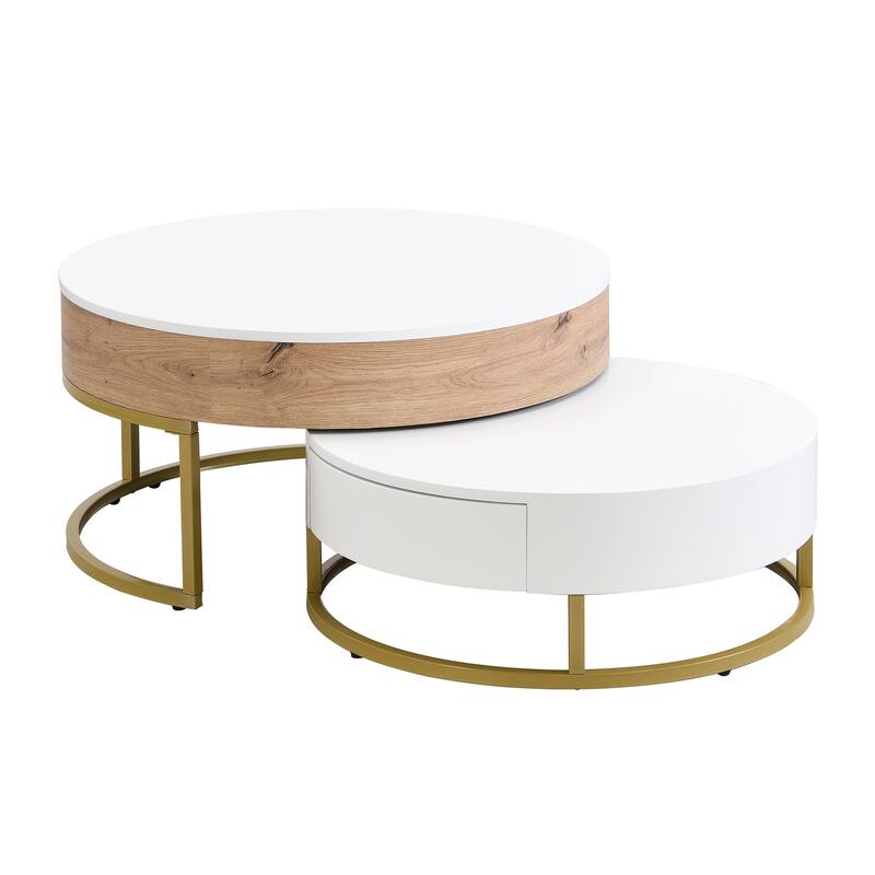Modern Round Lift-top Nesting Coffee Tables with 2 Drawers White & Black - Oak Natural Wood Antique White