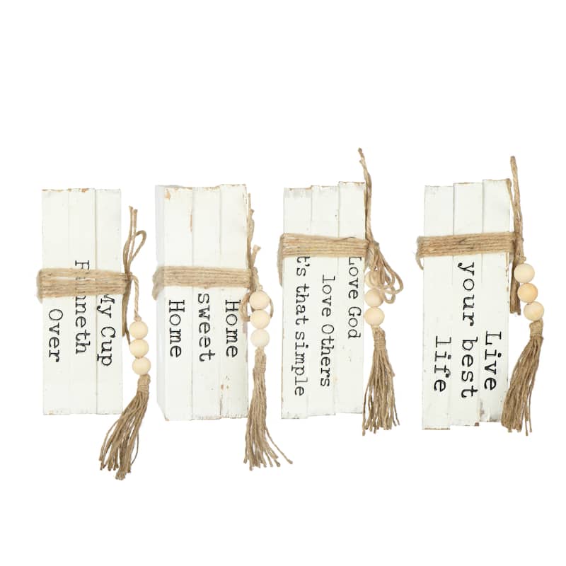 Wood Block Books with Saying and Jute Tie, Set of 4 Styles