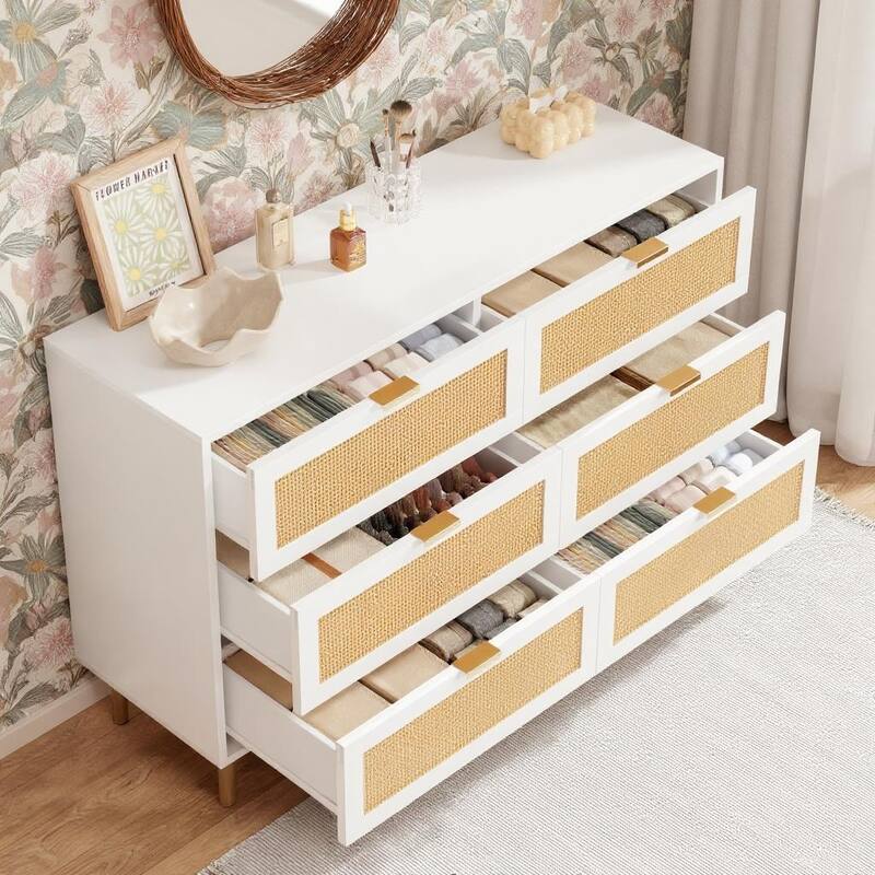 6 Drawers Tall Rattan Dresser, with Metal Legs and Handles