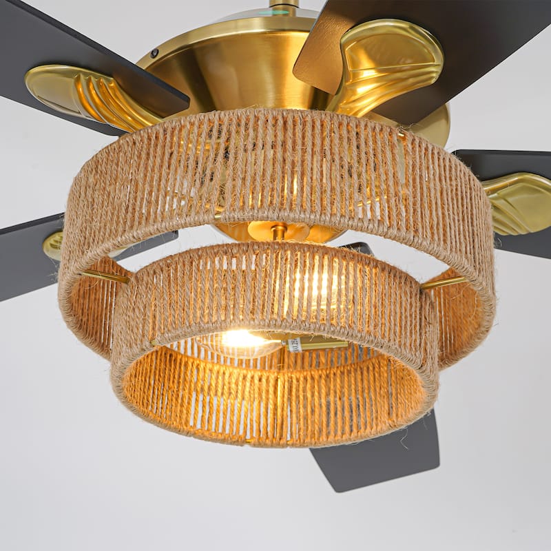 52" Farmhouse Natural Rope Reversible 5-Blade Gold Ceiling Fan with Remote