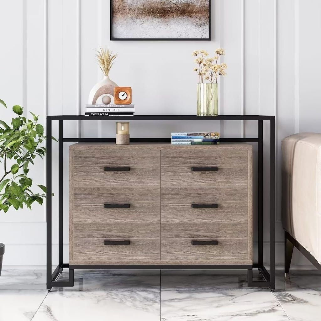 6 Drawers Dresser, Wooden Drawer Chest with Tempered Glass Top and Steel Frame