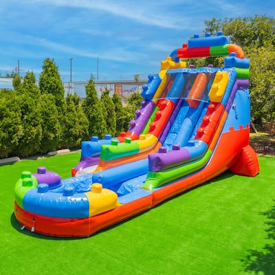XJUMP Block Party 19' Dual Lane Side Loader Water Slide with Pool and Air Blower, Kids and Adults, Commercial Grade PVC Vinyl