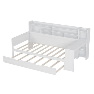 Wooden Twin Size Daybed with Storage Shelves, Twin Trundle and Desk