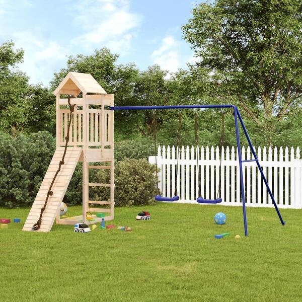 slide 2 of 17, vidaXL Swing Set Outdoor Backyard Wooden Playground Equipment for Kids Age 3-8 125.6" x 102" x 93.7" Pine