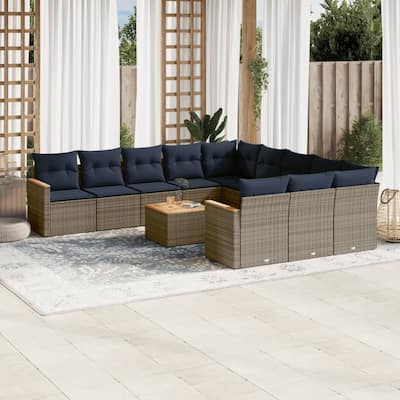 vidaXL 11/12 Piece Patio Sofa Set with Cushions Black/Gray Poly Rattan - 24.4 x 24.4 x 27.2