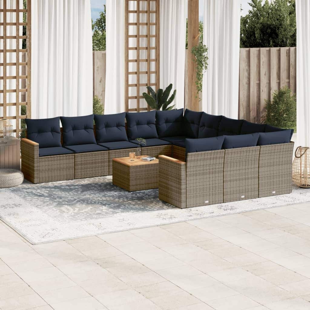 vidaXL 11/12 Piece Patio Sofa Set with Cushions Black/Gray Poly Rattan - 24.4 x 24.4 x 27.2