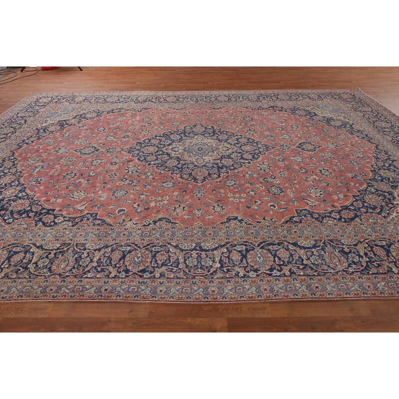 Traditional Kashan Large Persian Vintage Rug Hand-Knotted Wool Carpet - 10'2"x 14'0"