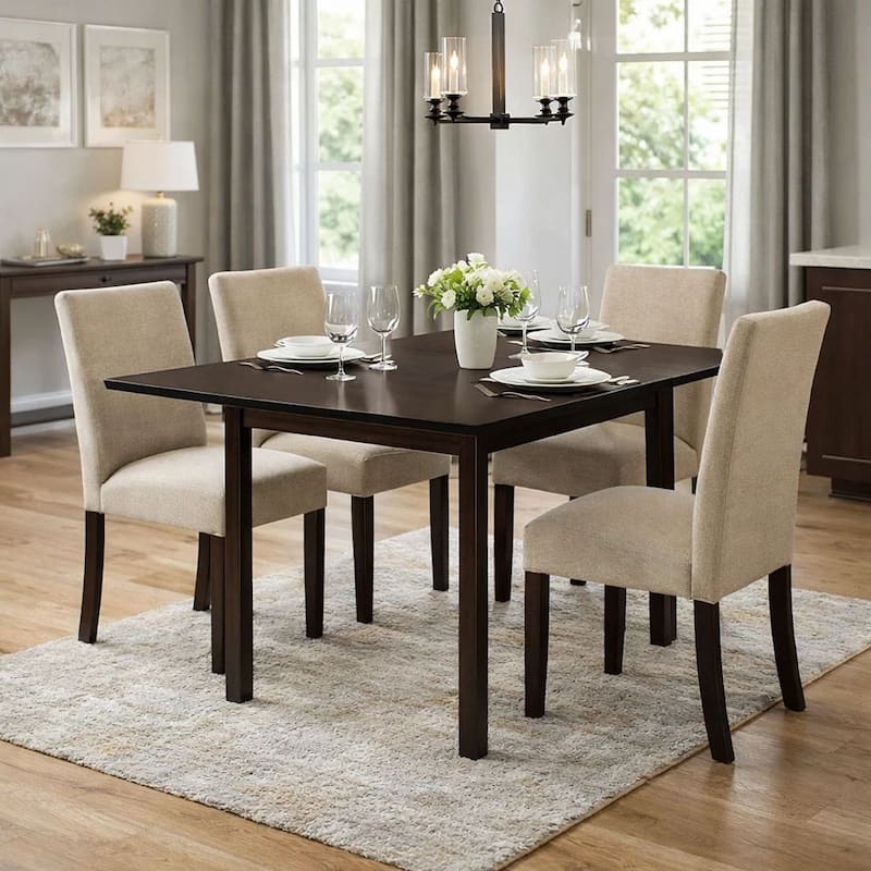 52 Inch Drop Leaf Dining Table, Block Legs, Dark Cappuccino Brown Wood