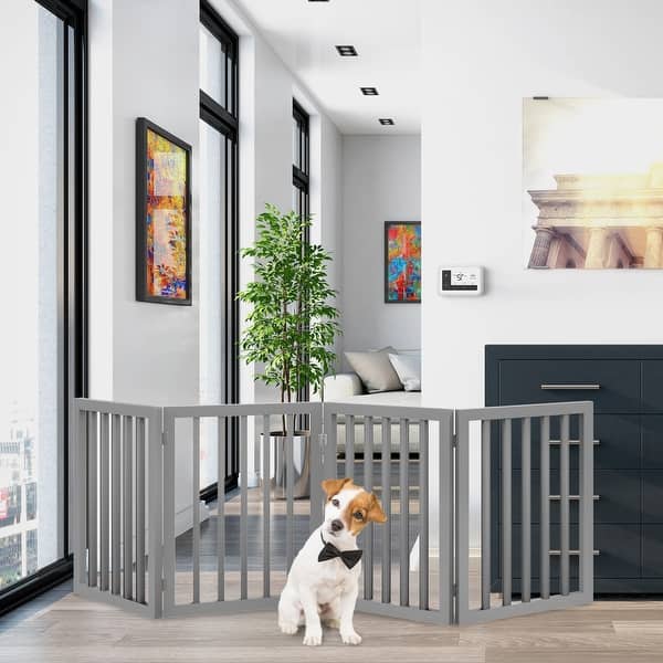 slide 2 of 13, 4-Panel Modern Indoor Foldable Dog Gate - 73x24-Inch MDF Freestanding Pet Fence Gray