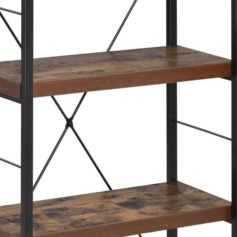 Four Tiered Metal Framed Wooden Bookshelf, Weathered Oak Brown and Black - 42.52 H x 11.02 W x 23.62 L Inches