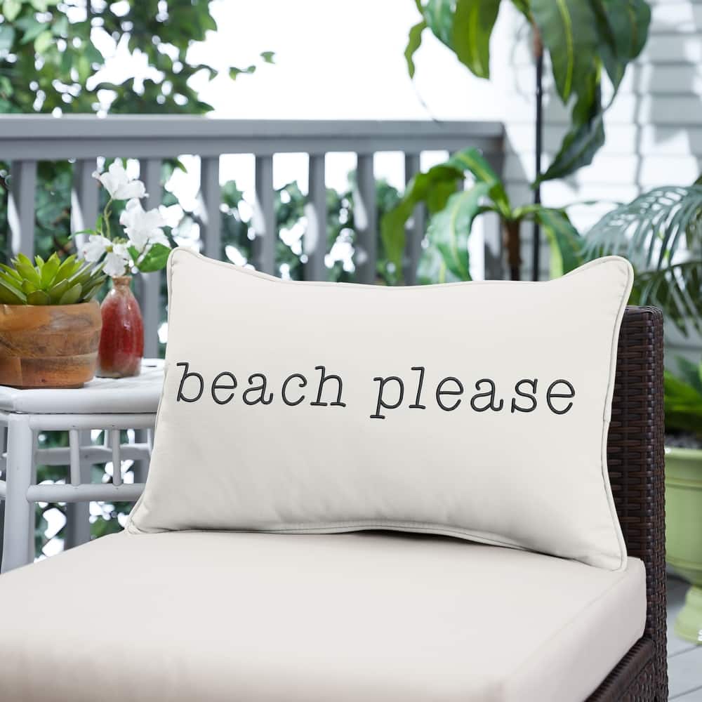 Sunbrella Canvas Embroidered "Beach Please" Indoor/Outdoor 13x20 Corded Lumbar Pillow (Single)