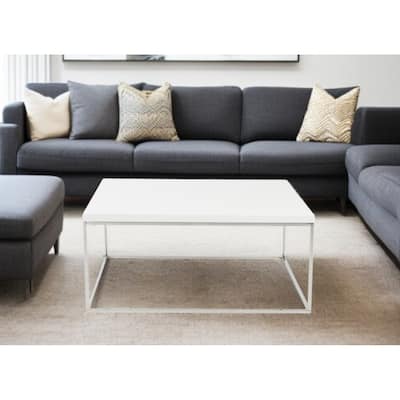HomeRoots 35" White and Silver Wood And Metal Square Frame Coffee Table
