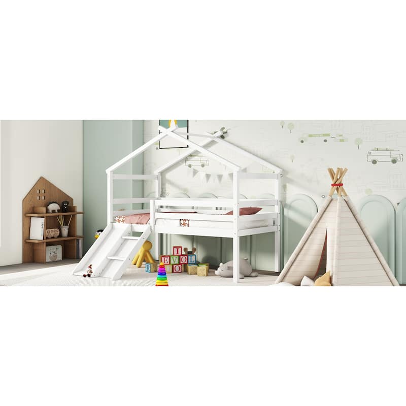 Roomfitters Twin Low Loft House Bed with Slide and Ladder, Safety Guardrails, House Roof Frame, No Box Spring Needed