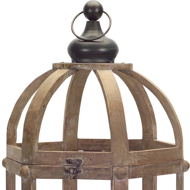 Set of Two Brown Wood and Glass Floor Lantern Candle Holders - One Size