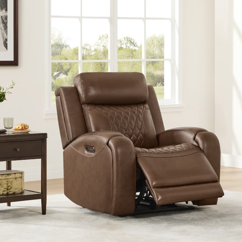 Spruce & Spring Leather Dual-Motor Power Lay Flat Recliner with Power Headrest - Cafe