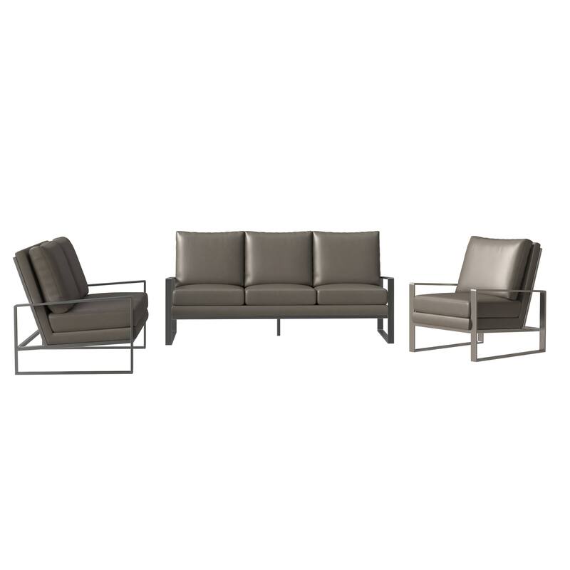 3-Piece Leather Sofa Set Brushed Stainless Steel Base and Removable Cushions