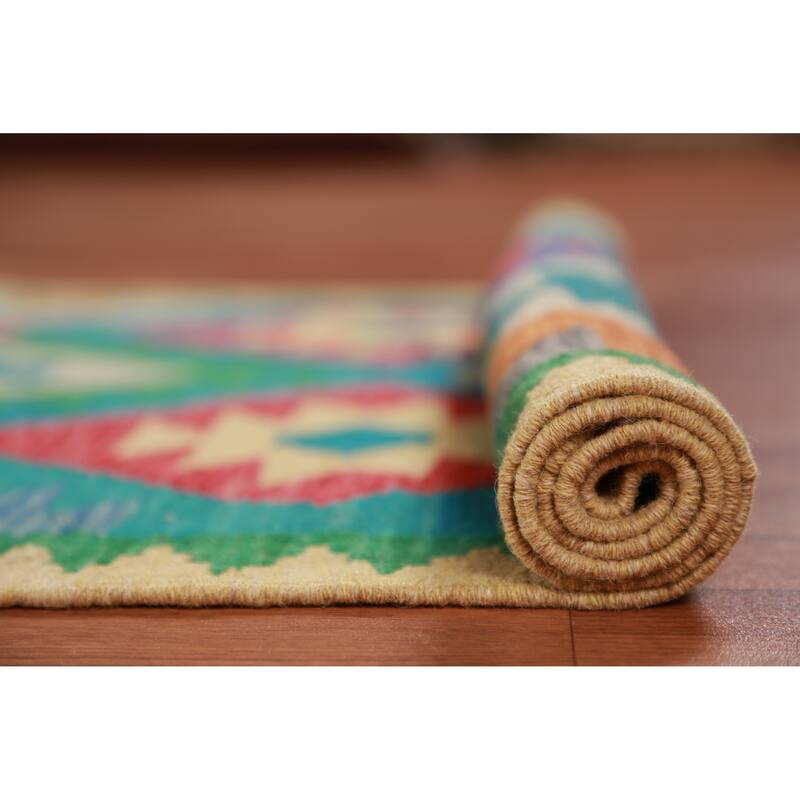 Hand Woven Oriental 100% Wool Carpet Southwestern Geometric Multi-Colored Kilim Runner Rug - 13' 0'' X 2' 10''