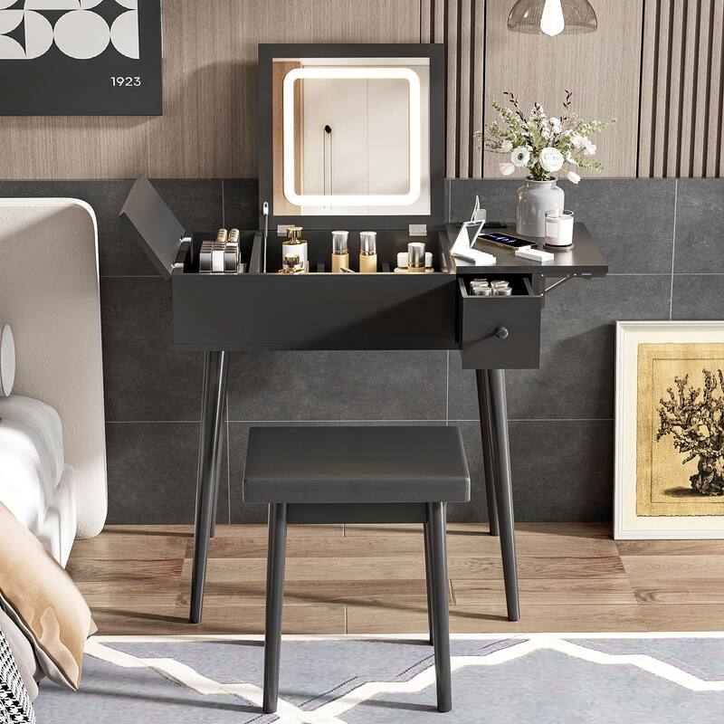 27.9'' Black Makeup Vanity Desk with Flip Top Mirror, Dressing Table with Charging Station, Vanity Set with Cushioned Stool