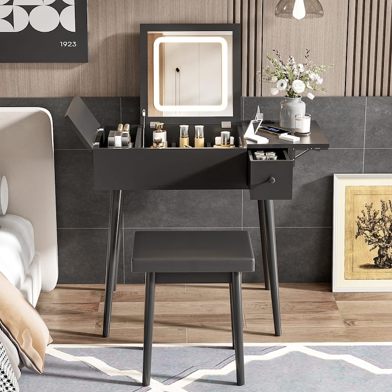 27.9''Makeup Vanity Desk With Flip Top Mirror And Led Light,Dressing Table With Charging Station,2 Drawers,With Cushioned Stool