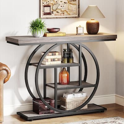 41.3" Console Table, Industrial 4-Tier Sofa Table Entryway with Circle Base