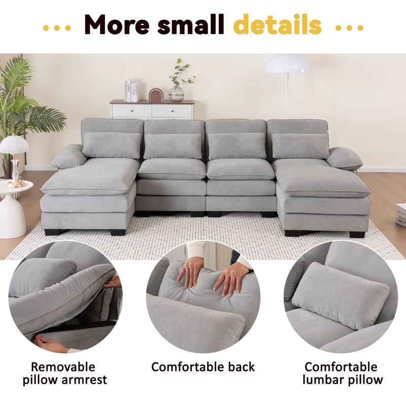 U Shape 111.8"Modern Comfort Combination Sectional Sofa,4-seat Velvet Fabric Upholstered Sofas with Chaise Lounge & Pillows