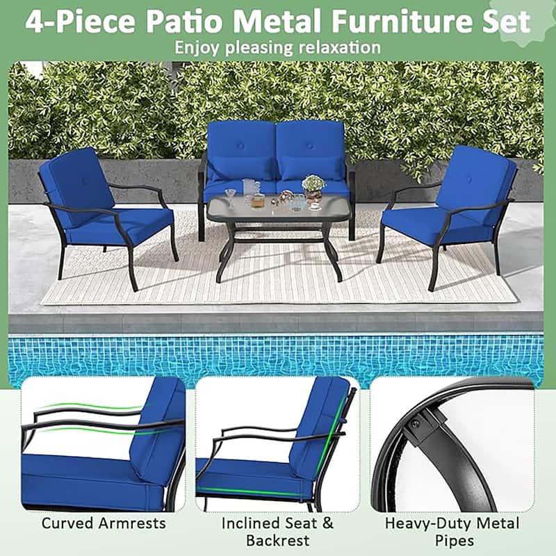 4 PCS Outdoor Patio Furniture Set Chair Coffee Table Cushioned Seat