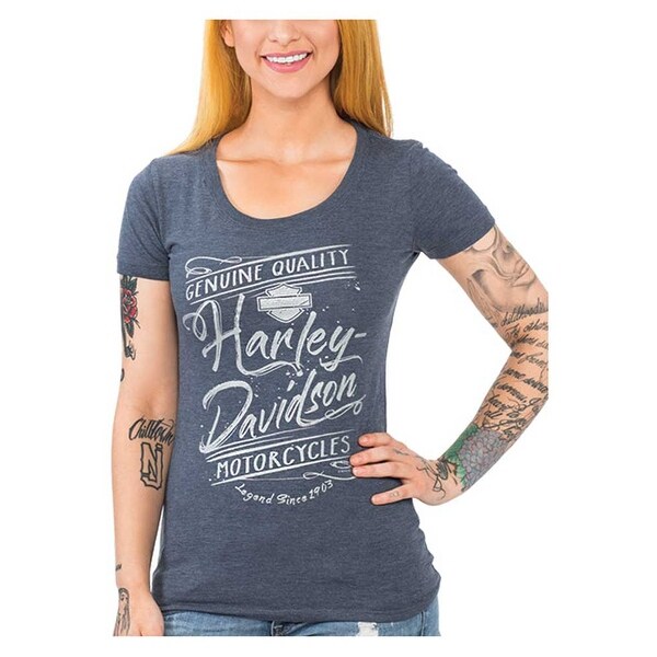 Harley-Davidson Women's Metallic Script Short Sleeve Scoop Neck Tee, Indigo. Opens flyout.