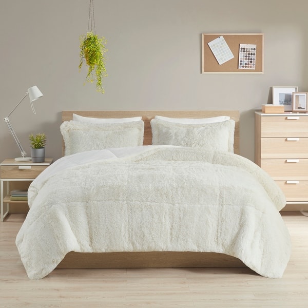 slide 2 of 50, Leena Shaggy Faux Fur Comforter Set by Intelligent Design Ivory - Full - Queen