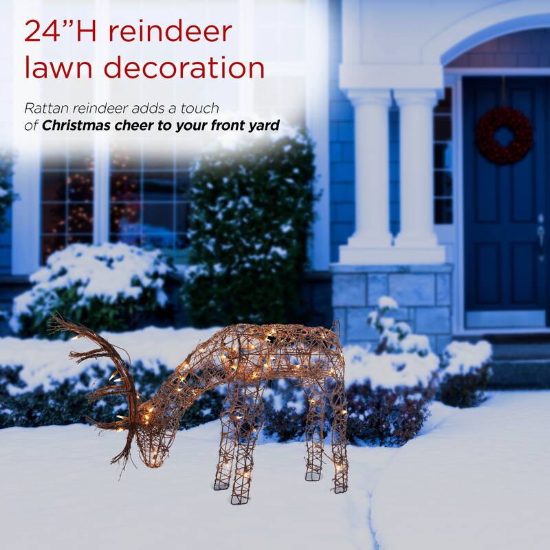 Alpine Corporation Outdoor Rattan Grazing Christmas Reindeer Lawn Decoration with White Halogen Lights