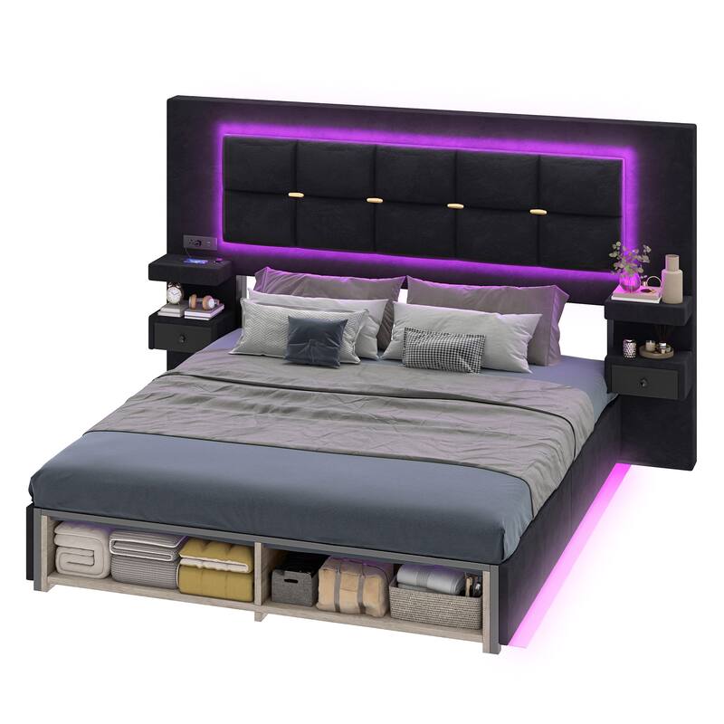 Queen Size Velvet Bed Frame with Upholstered Headboard LED Lighting and Built-in Charging Station for Modern Bedroom Luxury