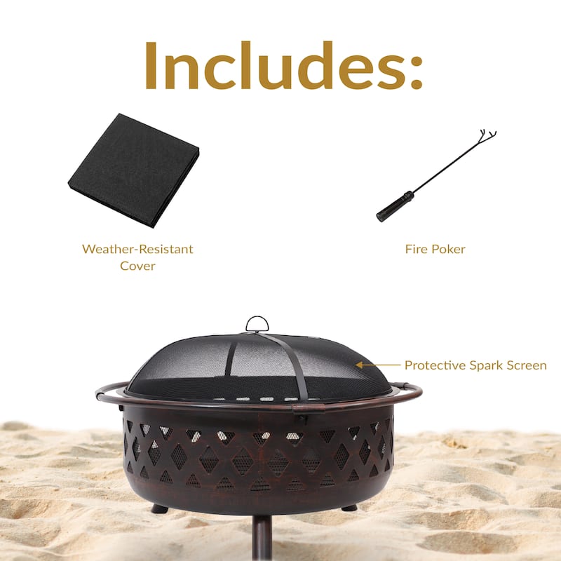 Sunnydaze Crossweave Wood-Burning Fire Pit with Spark Screen and Poker - Bronze - 36"