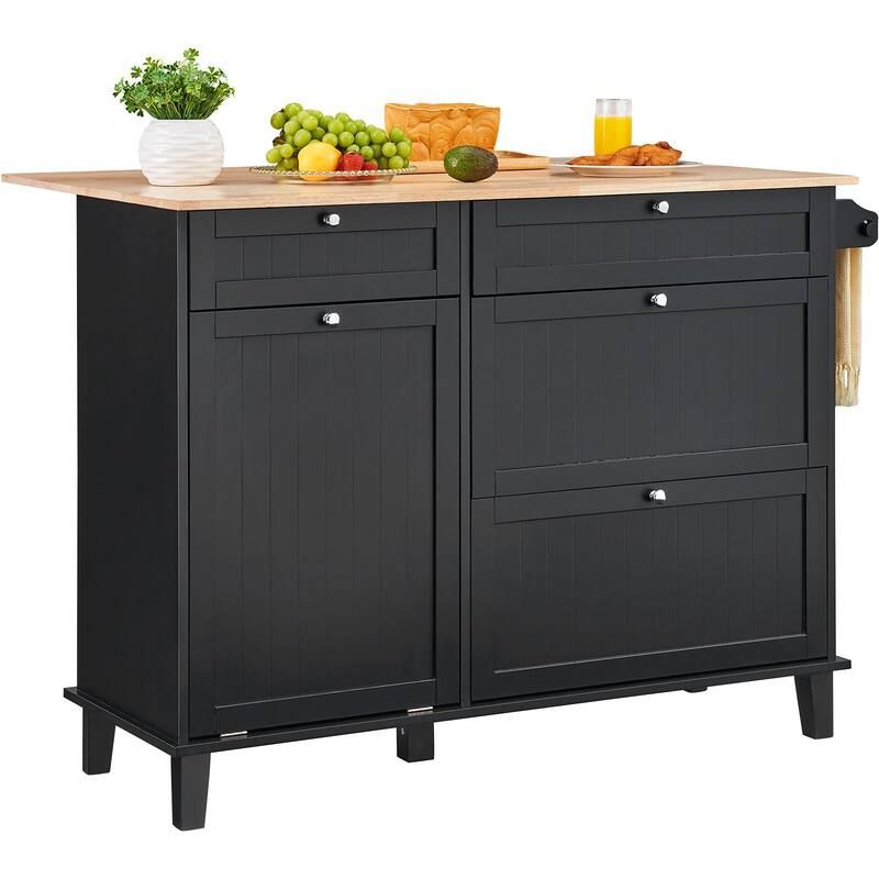 Black Kitchen Island Cart Serving Cabinet with 4 Storage Drawer 4 Multi-Functional Hooks - 50x29x37 inch