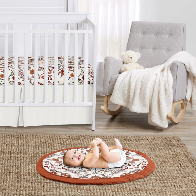 Sweet Jojo Designs Ivory and Orange Boho Vintage Floral Girl Baby Tummy Time Playmat Bohemian Rust Botanical Green Fringe Tassel