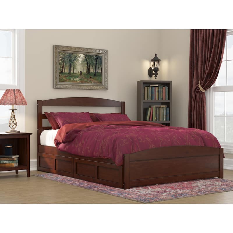 Queen Bed with Footboard & Drawers - Walnut Wood Platform Bed with Charging Station & Storage