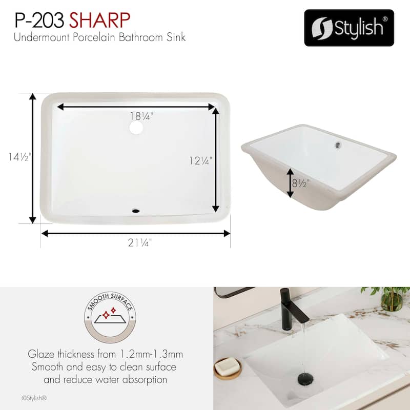21.25"W x 14.5"D White Rectangular Undermount Bathroom Sink