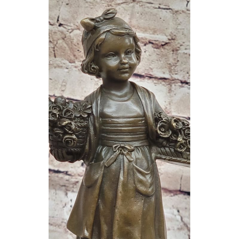 Young Girl Carrying Flower Basket - Bronze Sculpture By Daste