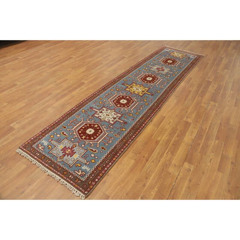 Hand-knotted Traditional Wool Blue Geometric Oriental Area Rug - 9' 8'' X 2' 6''
