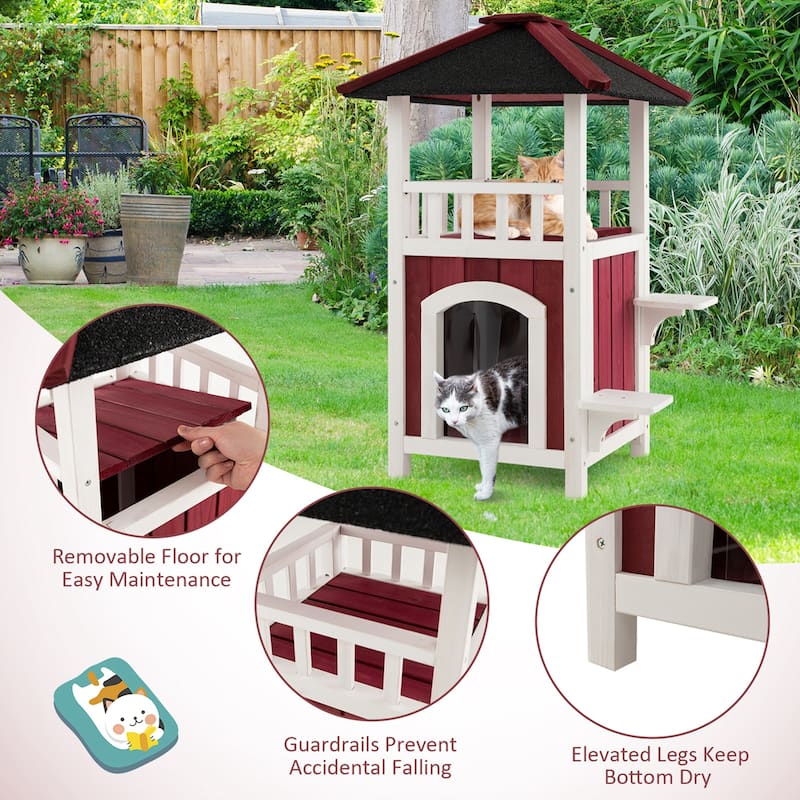 Costway Outdoor Cat House 2-Story Wooden Cat Shelter with Asphalt Roof - See Details