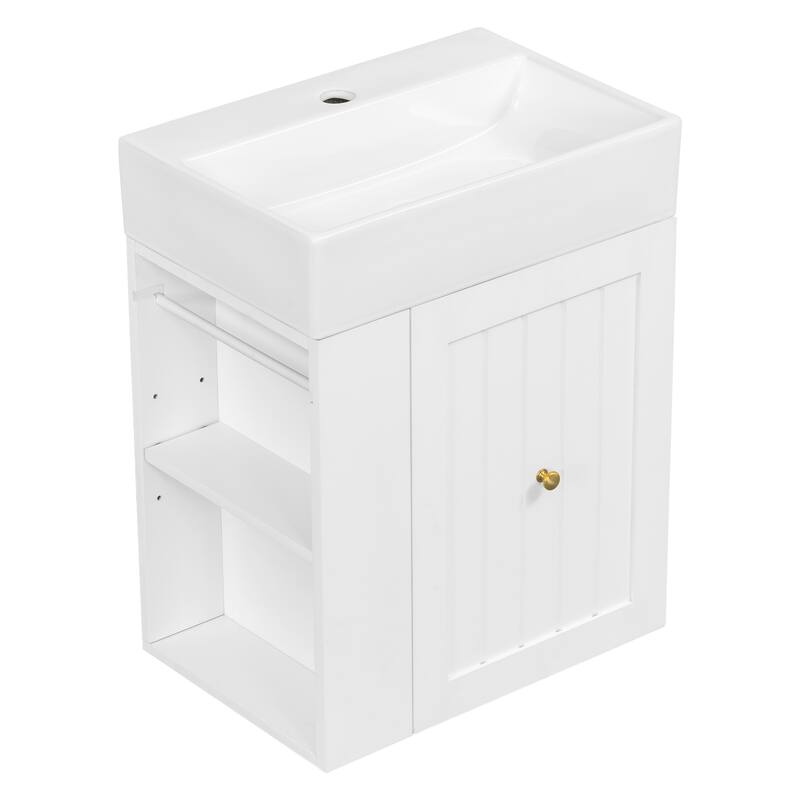 20-Inch Bathroom Vanity with Ceramic Sink, MDF Storage Cabinet with Drawer, Side Shelf & Golden Handle