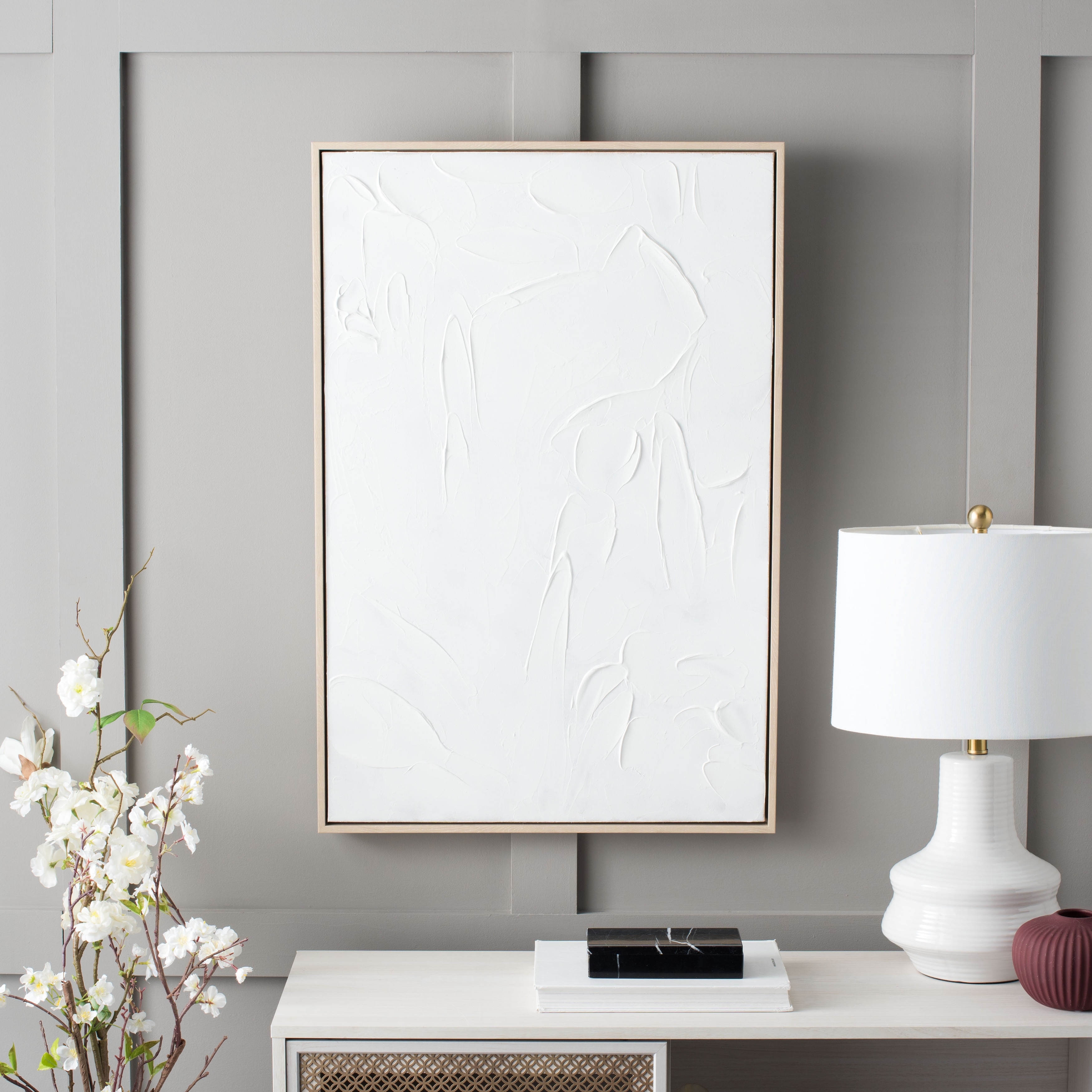 SAFAVIEH Tinca The Minimalist Hand Painting, 24 x 36, Framed Wall Art - White