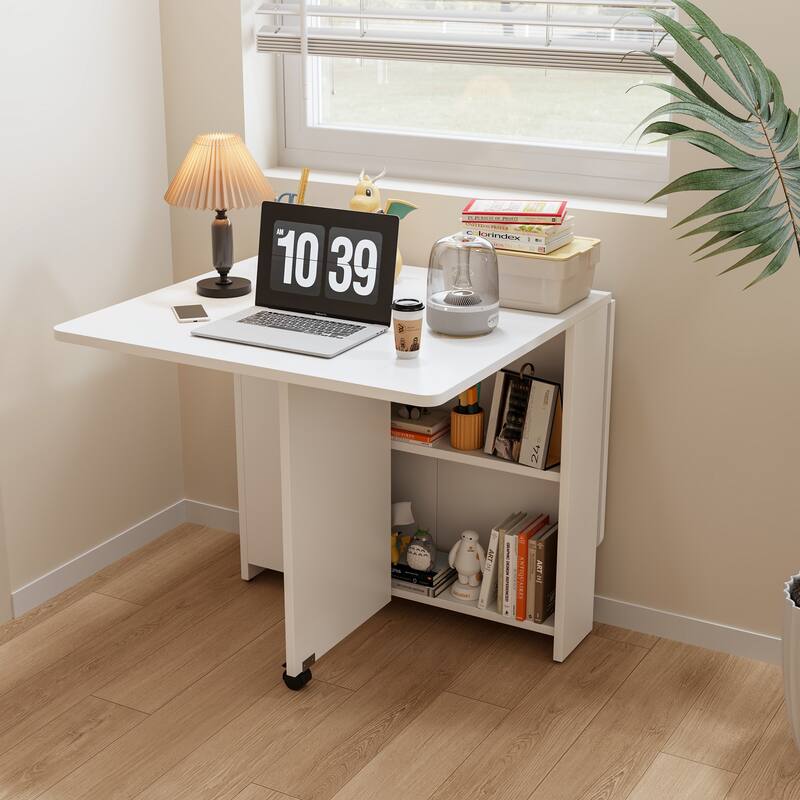 Roomfitters Foldable Dining Table with Drop Leaf, Space Saving Kitchen Table for Small Homes and Compact Rooms, White